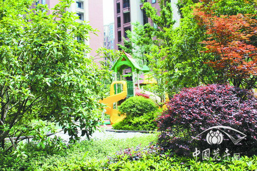 兒童游樂場掩映于植物景觀之中，景觀功能兼具