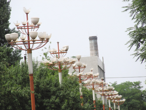 在鐵西區(qū)永樂公園附近，30余盞景觀路燈的燈罩破碎。